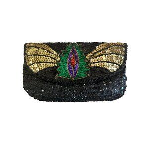 Vintage Bagoda Black Sequin Clutch With Beaded Strap & Peacock-Inspired Design
